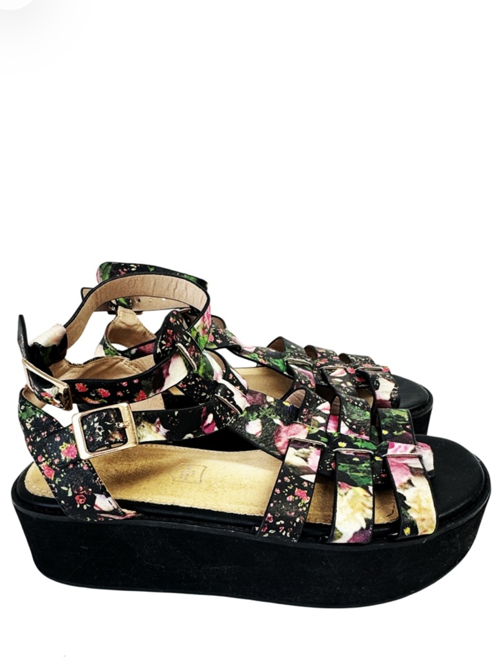 TEXTO Black Floral Leather Strappy Sandals Platform Size 38/7-7.5
